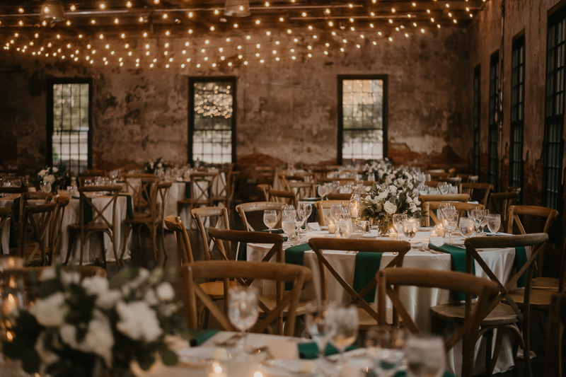 Magical wedding reception decor by Linwoods Catering at the Mt. Washington Mill Dye House in Baltimore, Maryland by Britney Clause Photography