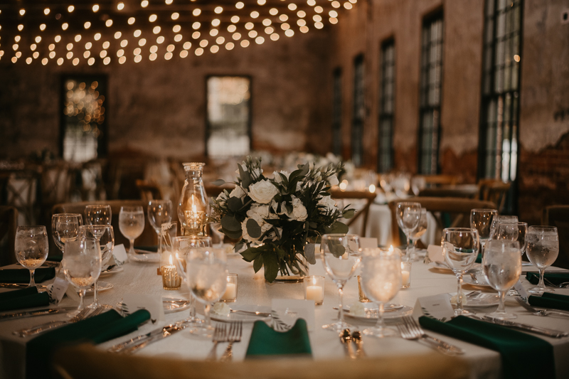 Magical wedding reception decor by Linwoods Catering at the Mt. Washington Mill Dye House in Baltimore, Maryland by Britney Clause Photography