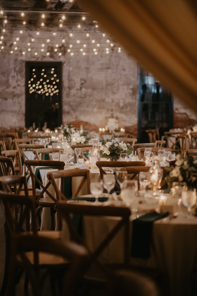 Magical wedding reception decor by Linwoods Catering at the Mt. Washington Mill Dye House in Baltimore, Maryland by Britney Clause Photography