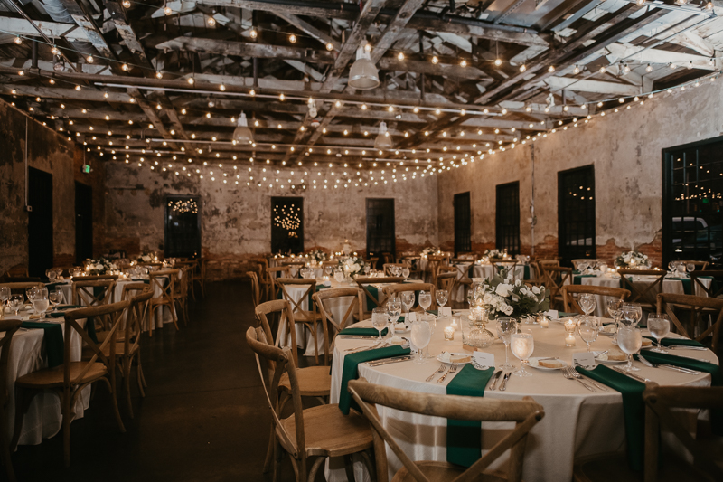 Magical wedding reception decor by Linwoods Catering at the Mt. Washington Mill Dye House in Baltimore, Maryland by Britney Clause Photography