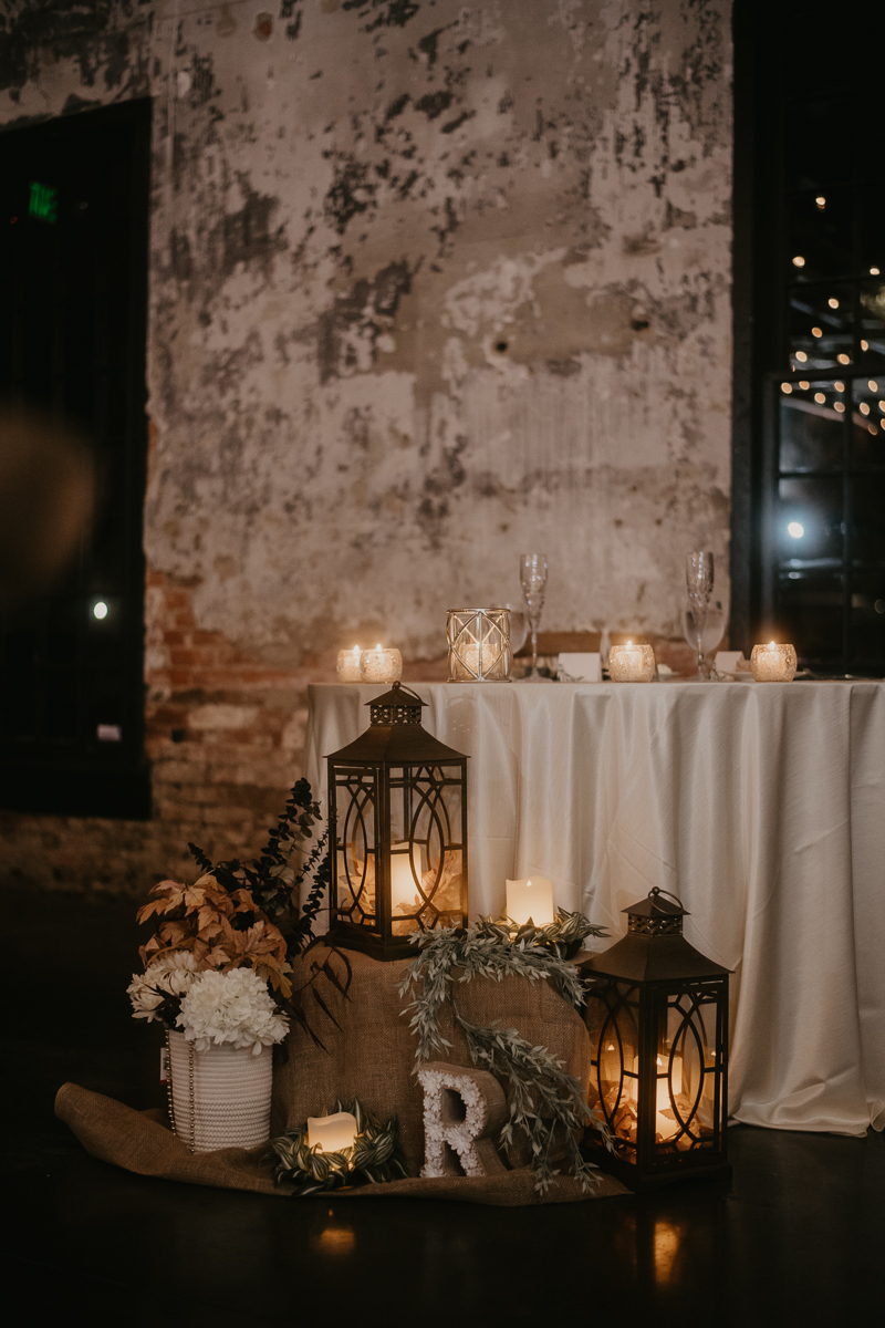 Magical wedding reception decor by Linwoods Catering at the Mt. Washington Mill Dye House in Baltimore, Maryland by Britney Clause Photography