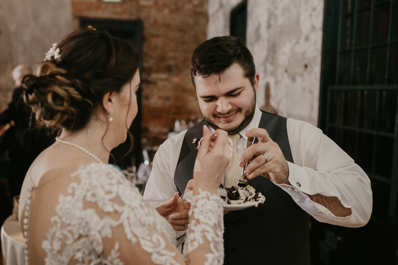 Delicious wedding cake by Linwoods Catering at the Mt. Washington Mill Dye House in Baltimore, Maryland by Britney Clause Photography