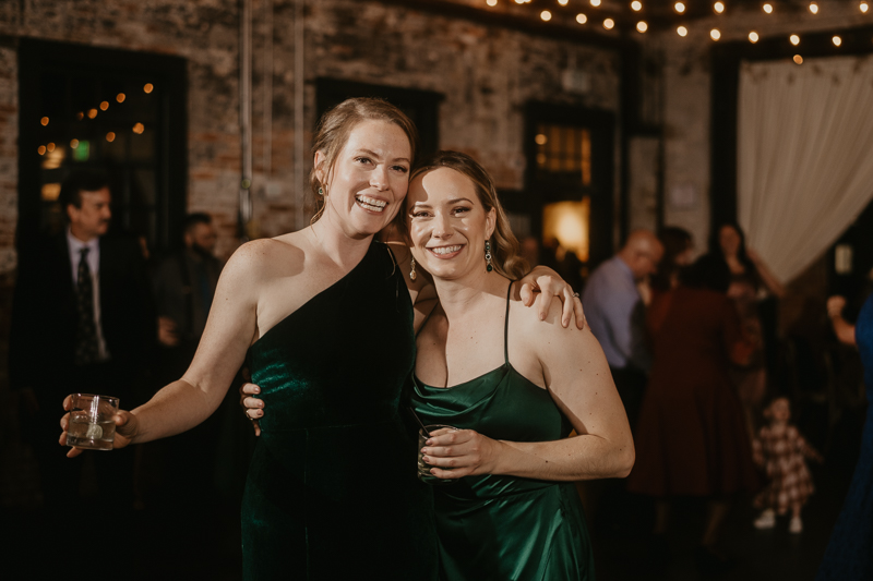 An evening wedding reception at the Mt. Washington Mill Dye House in Baltimore, Maryland by Britney Clause Photography