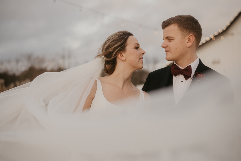 Stunning bride and groom sunset wedding portraits at Kylan Barn in Delmar, Maryland by Britney Clause Photography