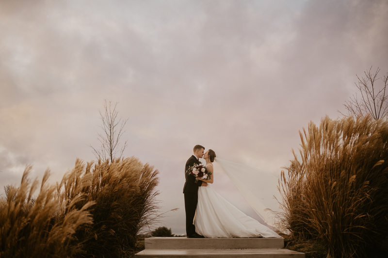 Stunning bride and groom sunset wedding portraits at Kylan Barn in Delmar, Maryland by Britney Clause Photography