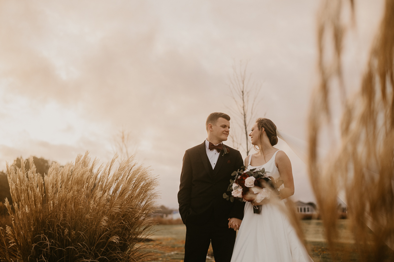 Stunning bride and groom sunset wedding portraits at Kylan Barn in Delmar, Maryland by Britney Clause Photography