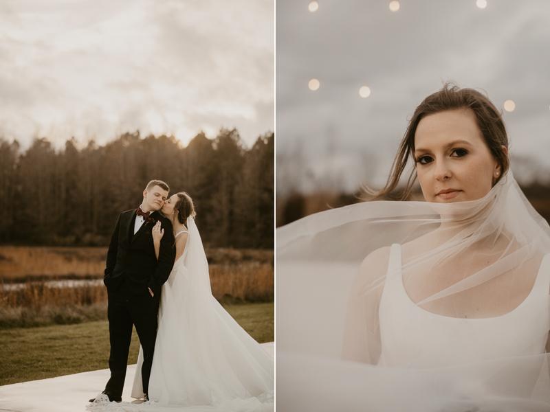 Stunning bride and groom sunset wedding portraits at Kylan Barn in Delmar, Maryland by Britney Clause Photography