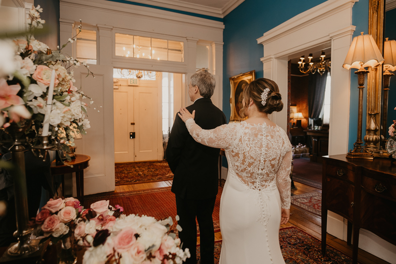 A lovely first look between dad and daughter at Antrim 1844 in Taneytown, Maryland by Britney Clause Photography