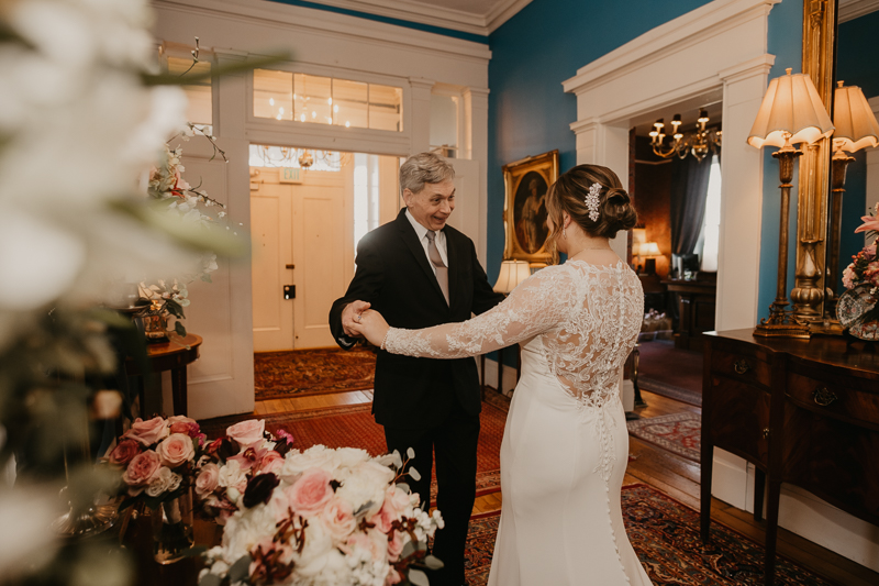 A lovely first look between dad and daughter at Antrim 1844 in Taneytown, Maryland by Britney Clause Photography