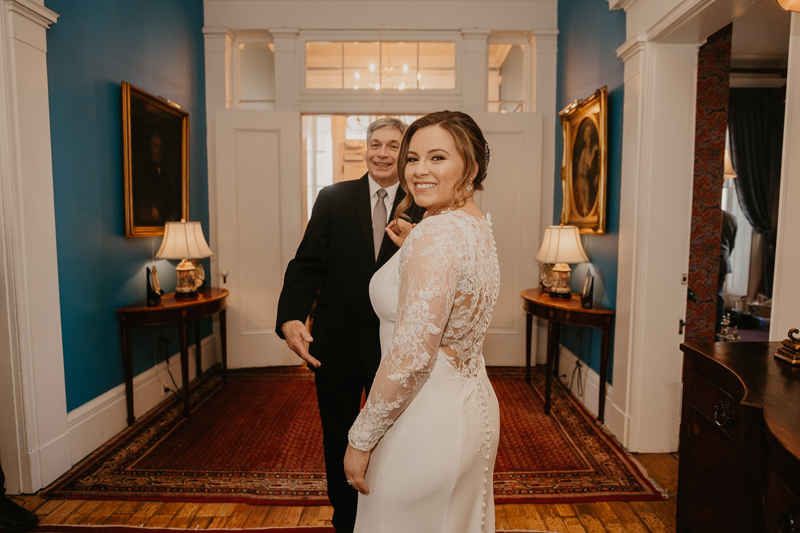 A lovely first look between dad and daughter at Antrim 1844 in Taneytown, Maryland by Britney Clause Photography