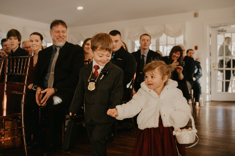 A gorgeous indoor wedding ceremony at Antrim 1844's Garden Room in the Pavilion in Taneytown, Maryland by Britney Clause Photography