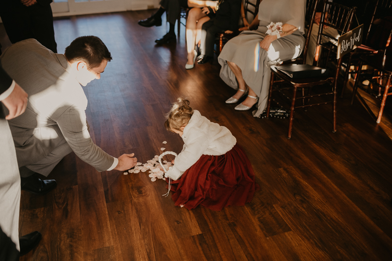 A gorgeous indoor wedding ceremony at Antrim 1844's Garden Room in the Pavilion in Taneytown, Maryland by Britney Clause Photography