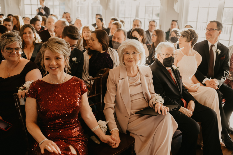 A gorgeous indoor wedding ceremony at Antrim 1844's Garden Room in the Pavilion in Taneytown, Maryland by Britney Clause Photography