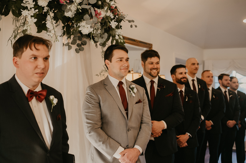 A gorgeous indoor wedding ceremony at Antrim 1844's Garden Room in the Pavilion in Taneytown, Maryland by Britney Clause Photography