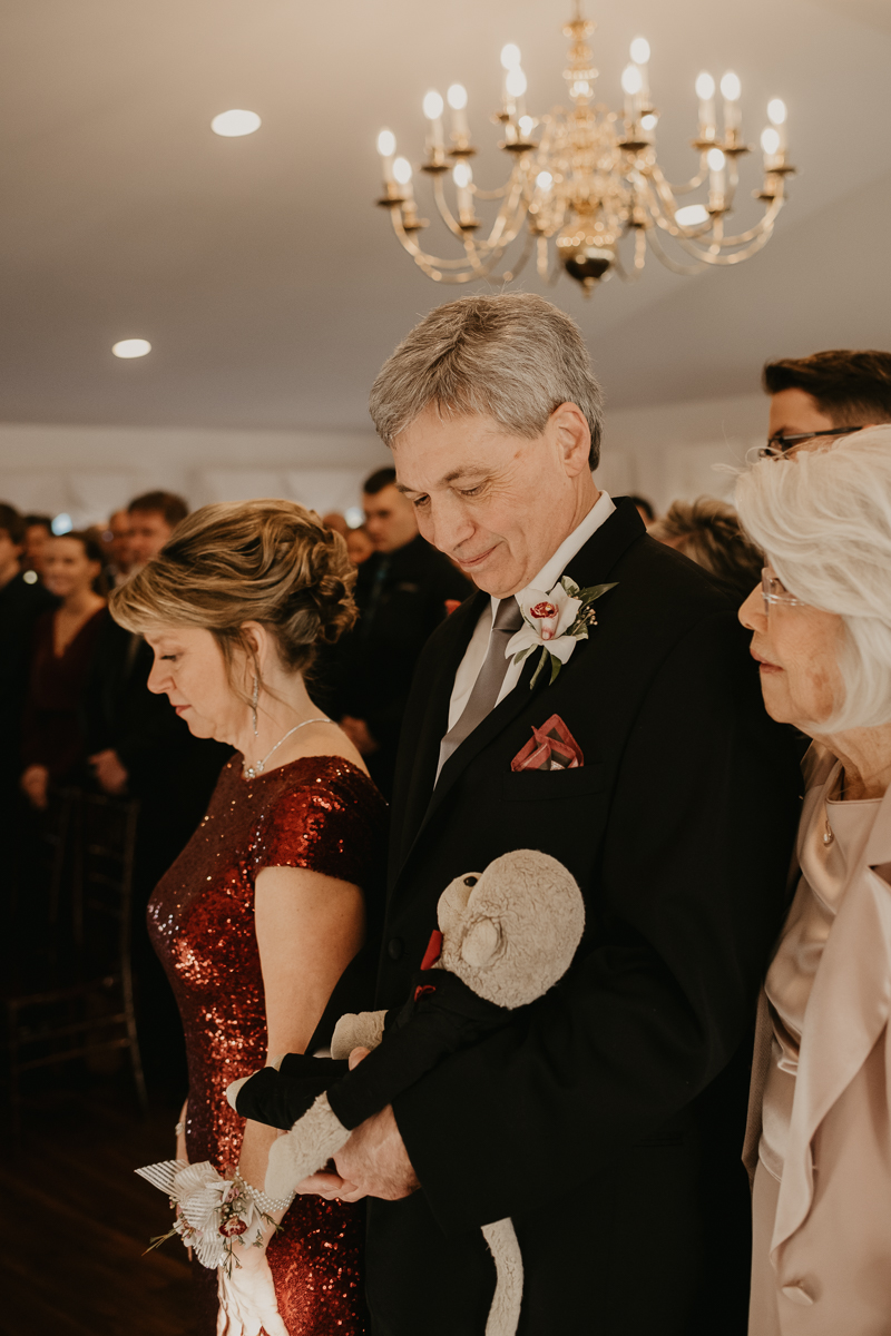 A gorgeous indoor wedding ceremony at Antrim 1844's Garden Room in the Pavilion in Taneytown, Maryland by Britney Clause Photography