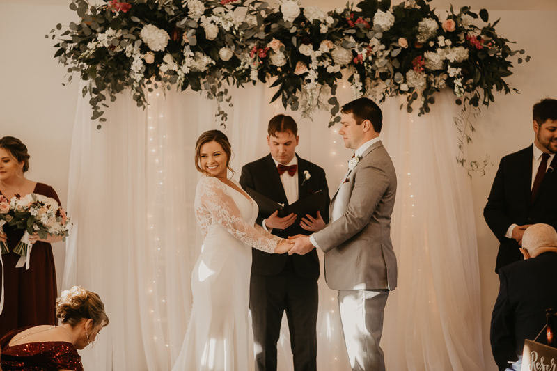 A gorgeous indoor wedding ceremony at Antrim 1844's Garden Room in the Pavilion in Taneytown, Maryland by Britney Clause Photography