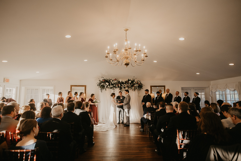 A gorgeous indoor wedding ceremony at Antrim 1844's Garden Room in the Pavilion in Taneytown, Maryland by Britney Clause Photography