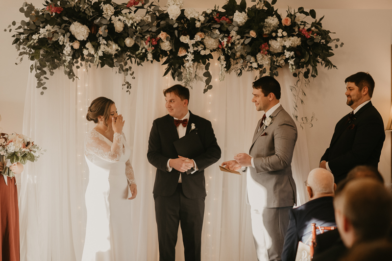 A gorgeous indoor wedding ceremony at Antrim 1844's Garden Room in the Pavilion in Taneytown, Maryland by Britney Clause Photography