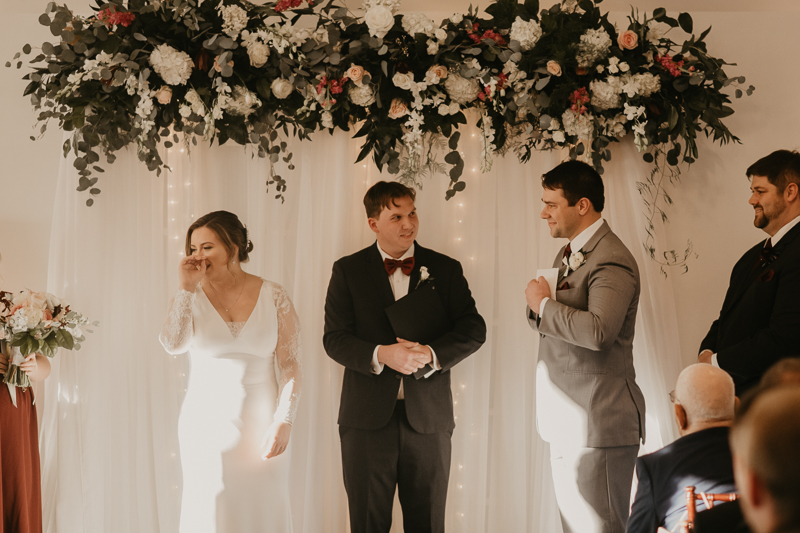 A gorgeous indoor wedding ceremony at Antrim 1844's Garden Room in the Pavilion in Taneytown, Maryland by Britney Clause Photography