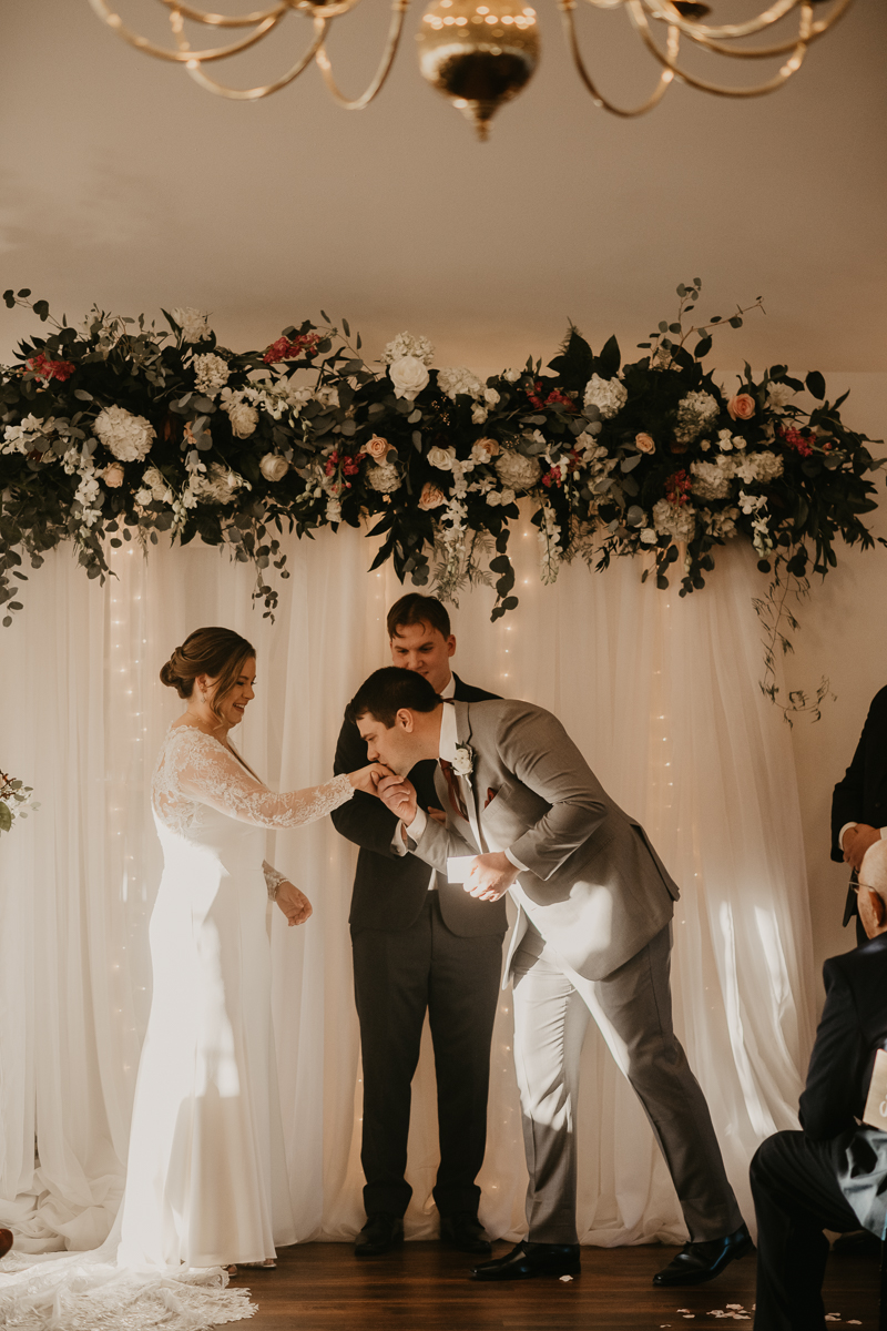 A gorgeous indoor wedding ceremony at Antrim 1844's Garden Room in the Pavilion in Taneytown, Maryland by Britney Clause Photography