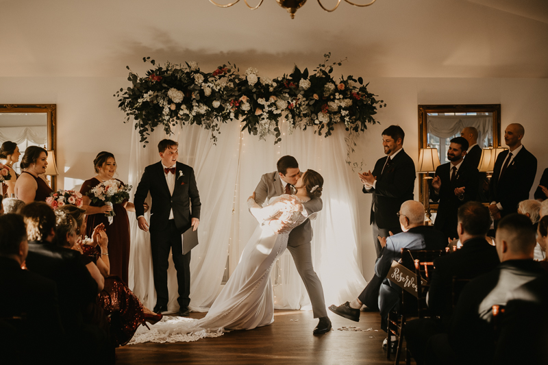 A gorgeous indoor wedding ceremony at Antrim 1844's Garden Room in the Pavilion in Taneytown, Maryland by Britney Clause Photography